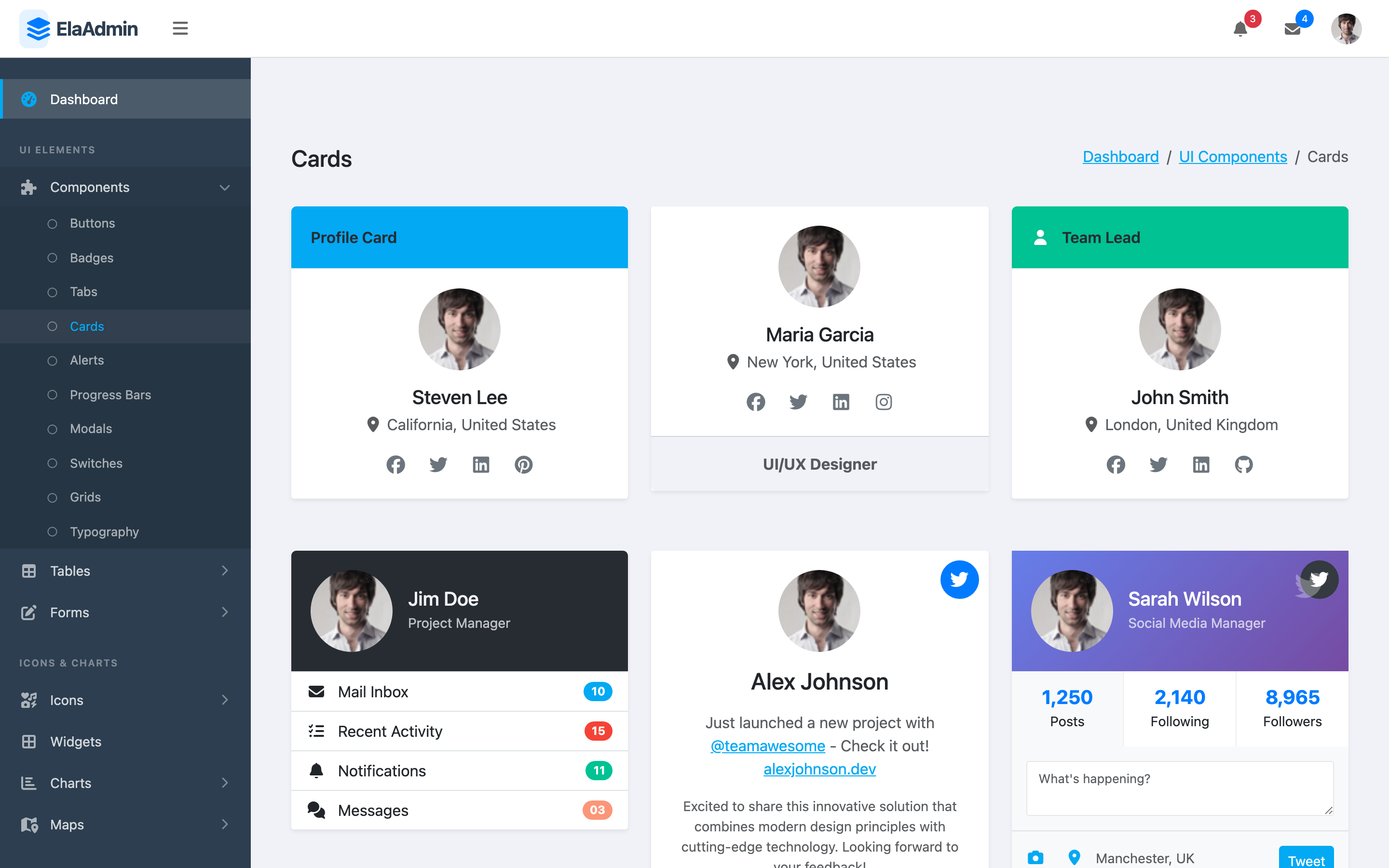 ElaAdmin UI Cards page
